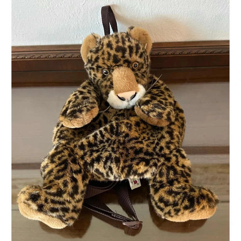 Aurora World Leopard Plush Backpack Spotted Animal Print Faux Fur 16 Inch Brown
